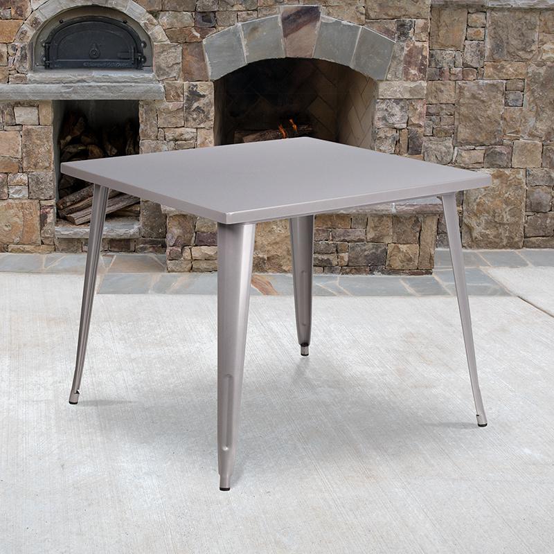 Commercial Grade 35.5'' Square Silver Metal Indoor-Outdoor Table - Flash Furniture