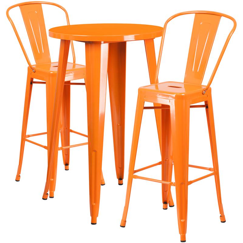 24'' Round Orange Metal Indoor-Outdoor Bar Table Set with 2 Cafe Stools - Flash Furniture