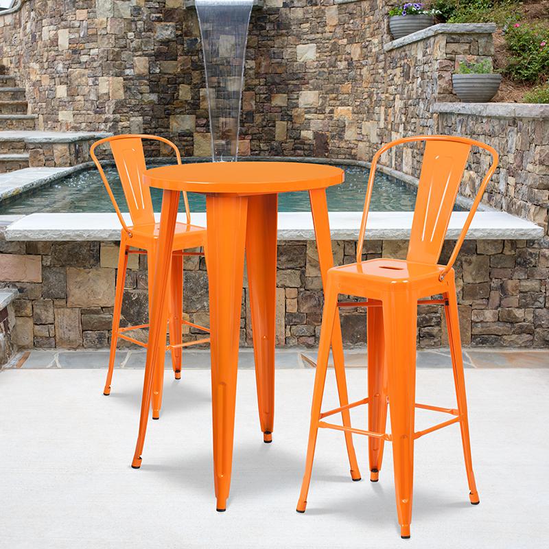 24'' Round Orange Metal Indoor-Outdoor Bar Table Set with 2 Cafe Stools - Flash Furniture