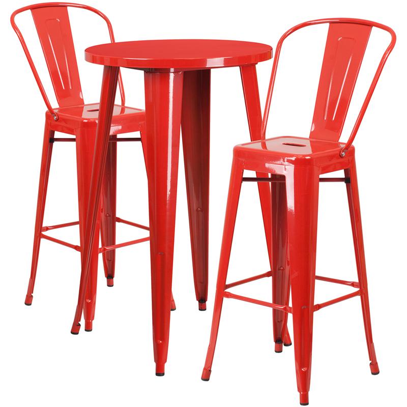 24'' Round Red Metal Indoor-Outdoor Bar Table Set with 2 Cafe Stools - Flash Furniture