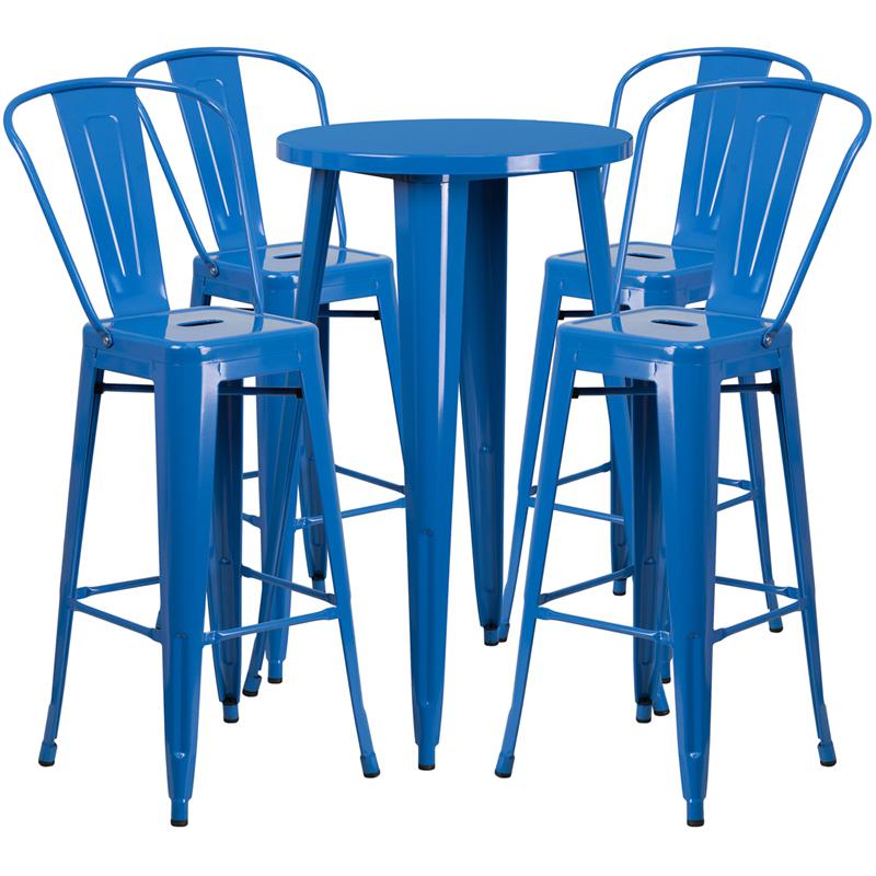 24'' Round Blue Metal Indoor-Outdoor Bar Table Set with 4 Cafe Stools - Flash Furniture