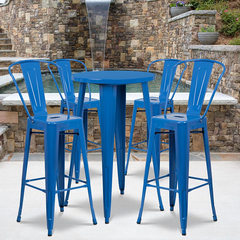 24'' Round Blue Metal Indoor-Outdoor Bar Table Set with 4 Cafe Stools - Flash Furniture