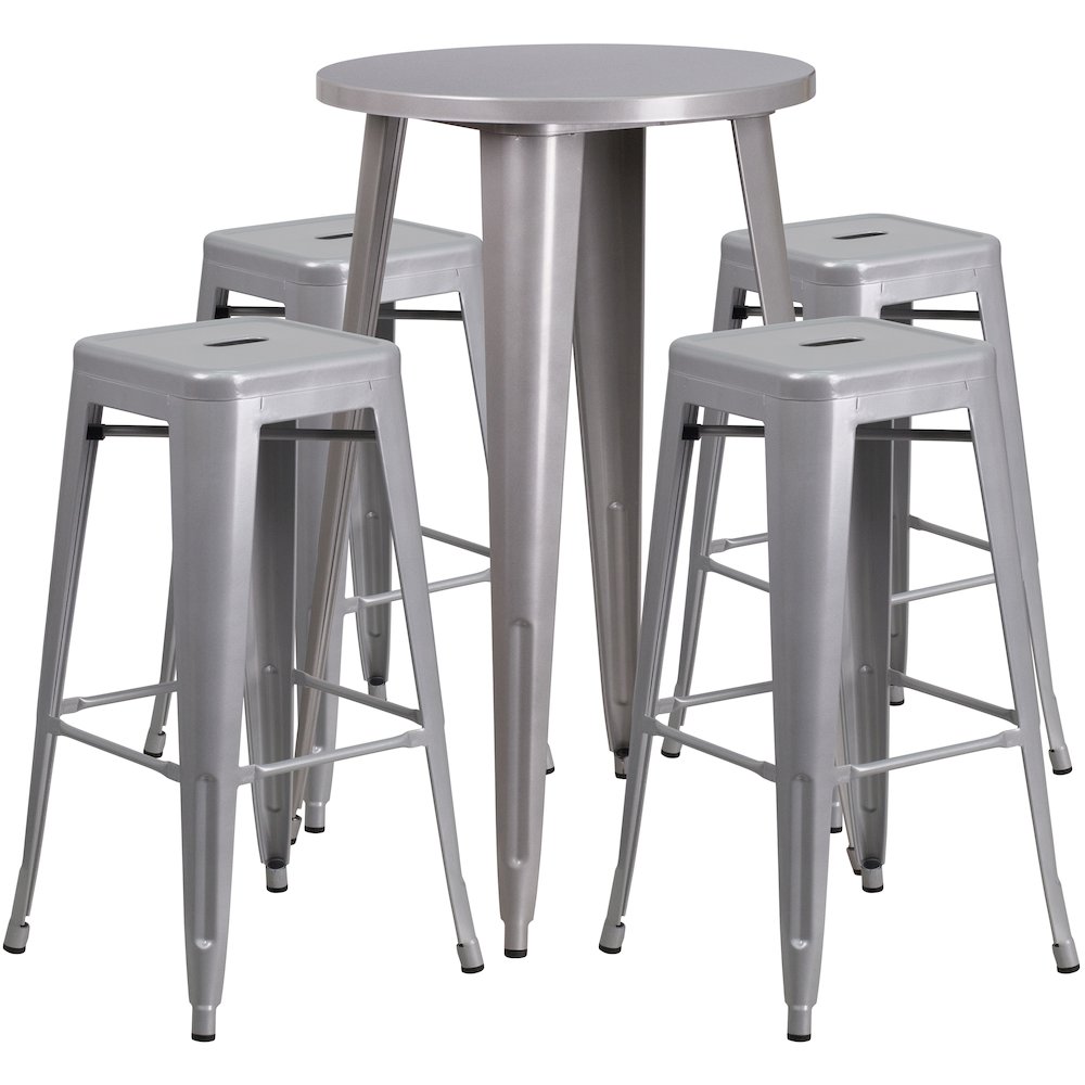 24'' Round Silver Metal Indoor-Outdoor Bar Table Set with 4 Seat Backless Stools - Flash Furniture