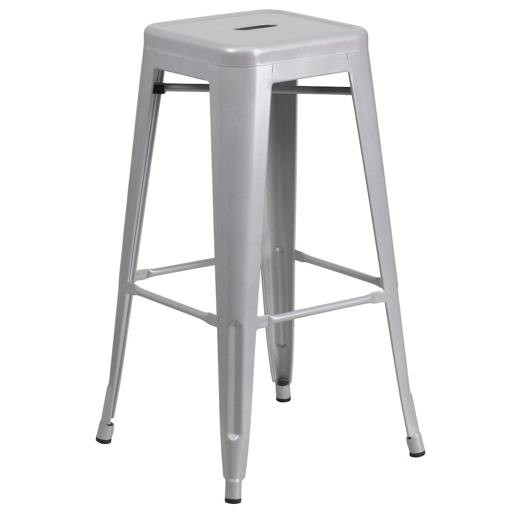 24'' Round Silver Metal Indoor-Outdoor Bar Table Set with 4 Seat Backless Stools - Flash Furniture