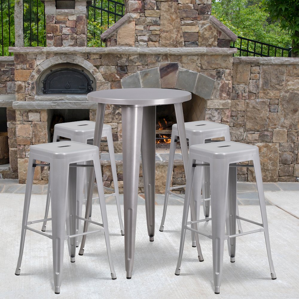 24'' Round Silver Metal Indoor-Outdoor Bar Table Set with 4 Seat Backless Stools - Flash Furniture