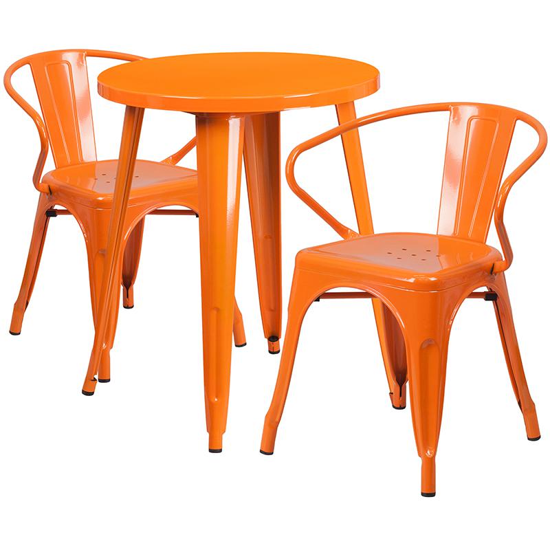 24'' Round Orange Metal Indoor-Outdoor Table Set with 2 Arm Chairs - Flash Furniture