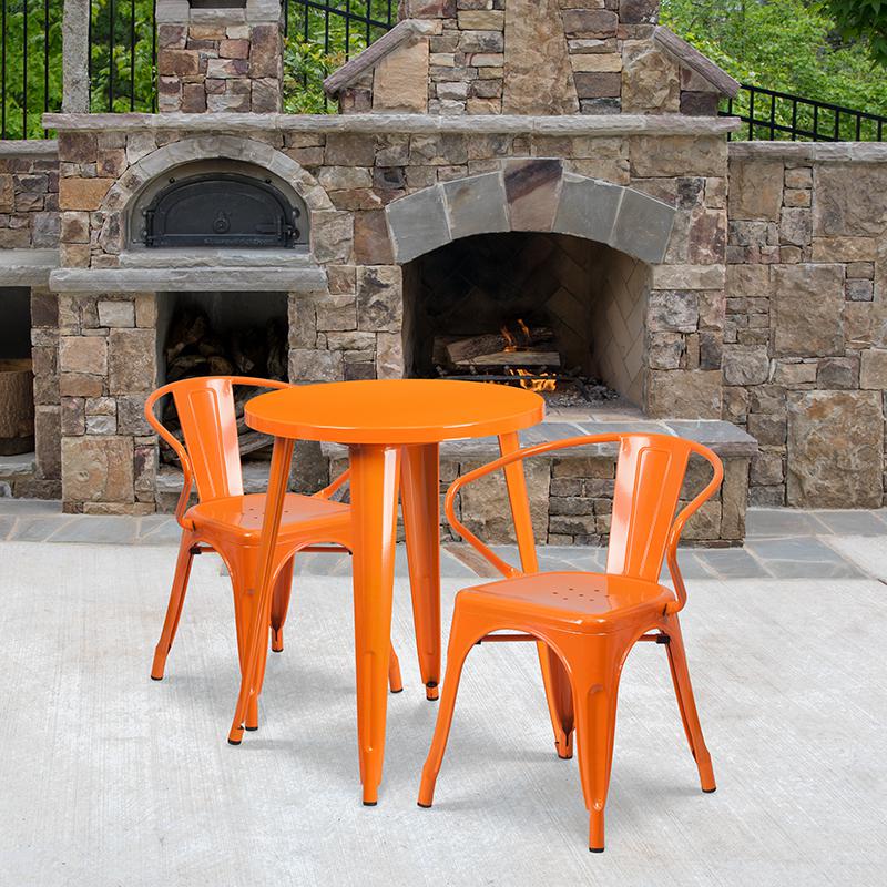 24'' Round Orange Metal Indoor-Outdoor Table Set with 2 Arm Chairs - Flash Furniture