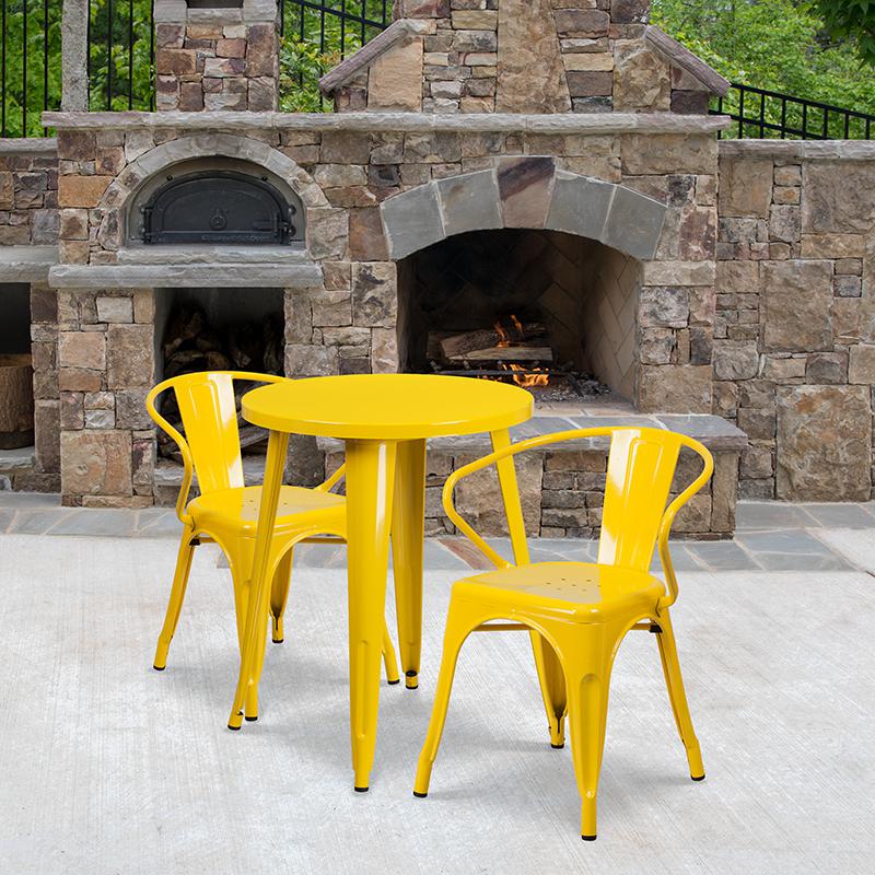 24'' Round Yellow Metal Indoor-Outdoor Table Set with 2 Arm Chairs - Flash Furniture