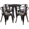 24'' Round Black-Antique Gold Metal Indoor-Outdoor Table Set with 4 Arm Chairs - Flash Furniture