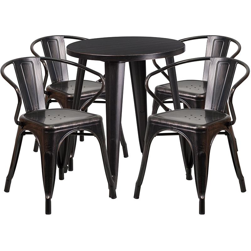 24'' Round Black-Antique Gold Metal Indoor-Outdoor Table Set with 4 Arm Chairs - Flash Furniture