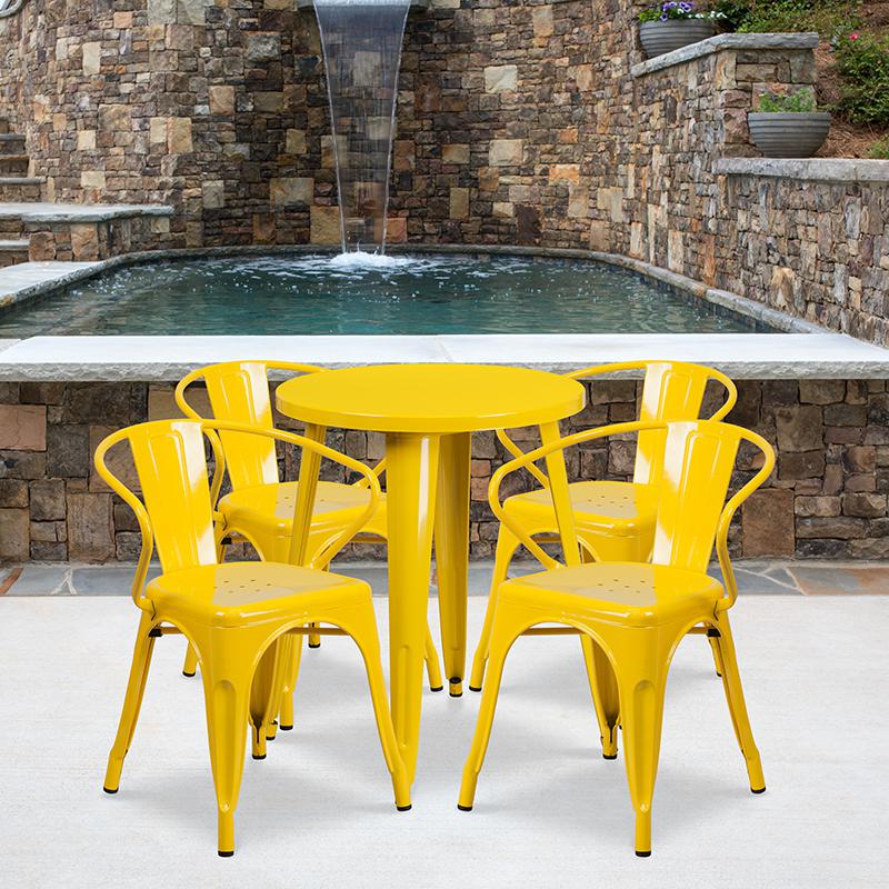 24'' Round Yellow Metal Indoor-Outdoor Table Set with 4 Arm Chairs - Flash Furniture