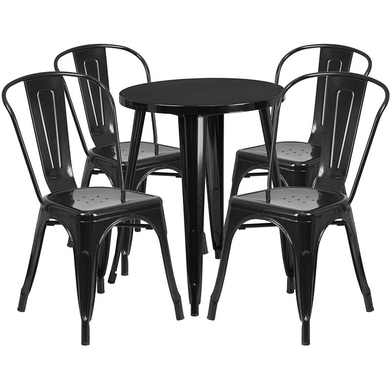 24'' Round Black Metal Indoor-Outdoor Table Set with 4 Cafe Chairs - Flash Furniture