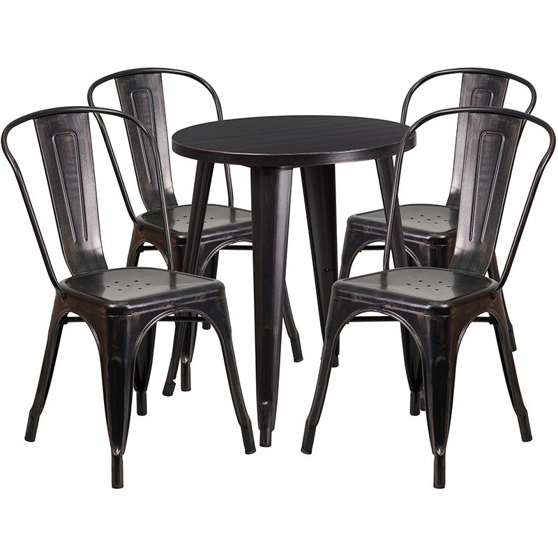 24'' Round Black-Antique Gold Metal Indoor-Outdoor Table Set with 4 Cafe Chairs - Flash Furniture