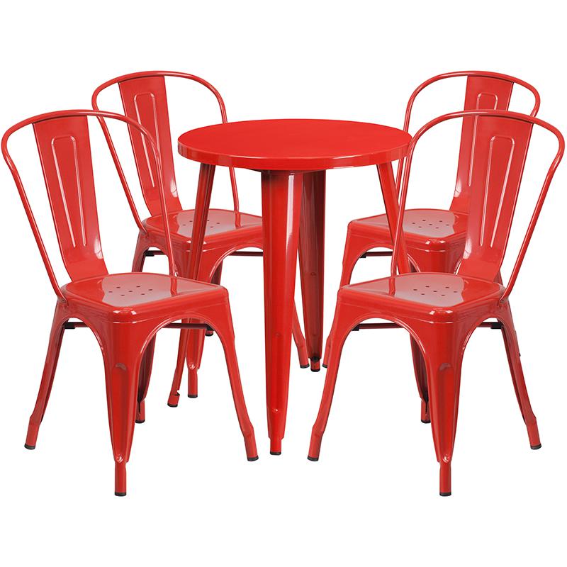 24'' Round Red Metal Indoor-Outdoor Table Set with 4 Cafe Chairs - Flash Furniture