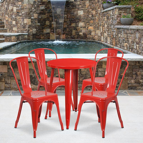 24'' Round Red Metal Indoor-Outdoor Table Set with 4 Cafe Chairs - Flash Furniture