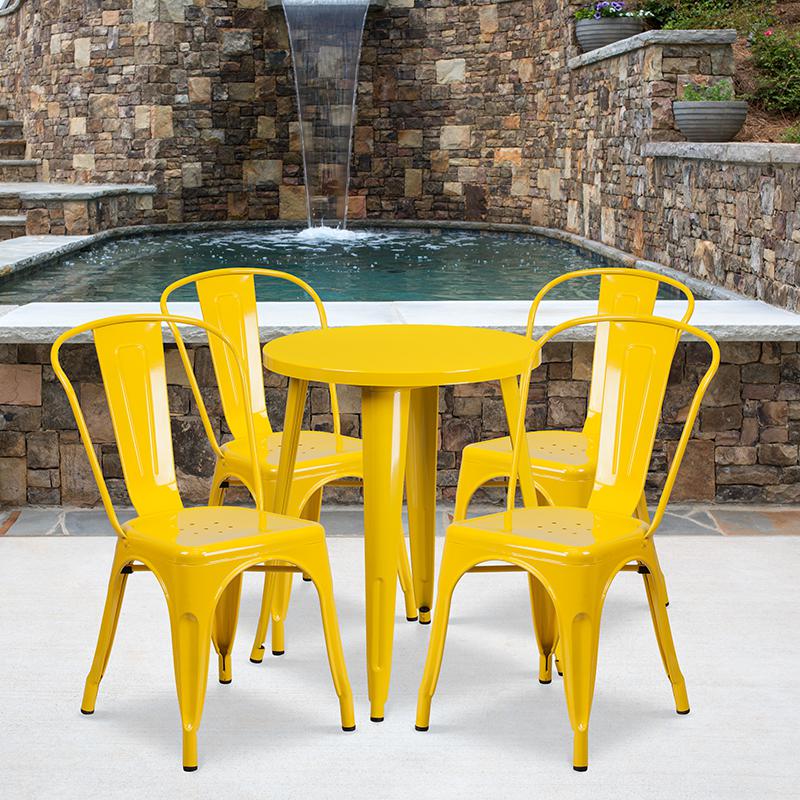 24'' Round Yellow Metal Indoor-Outdoor Table Set with 4 Cafe Chairs - Flash Furniture