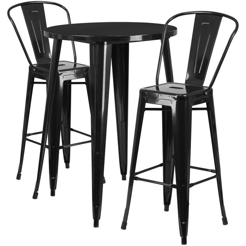 30'' Round Black Metal Indoor-Outdoor Bar Table Set with 2 Cafe Stools - Flash Furniture