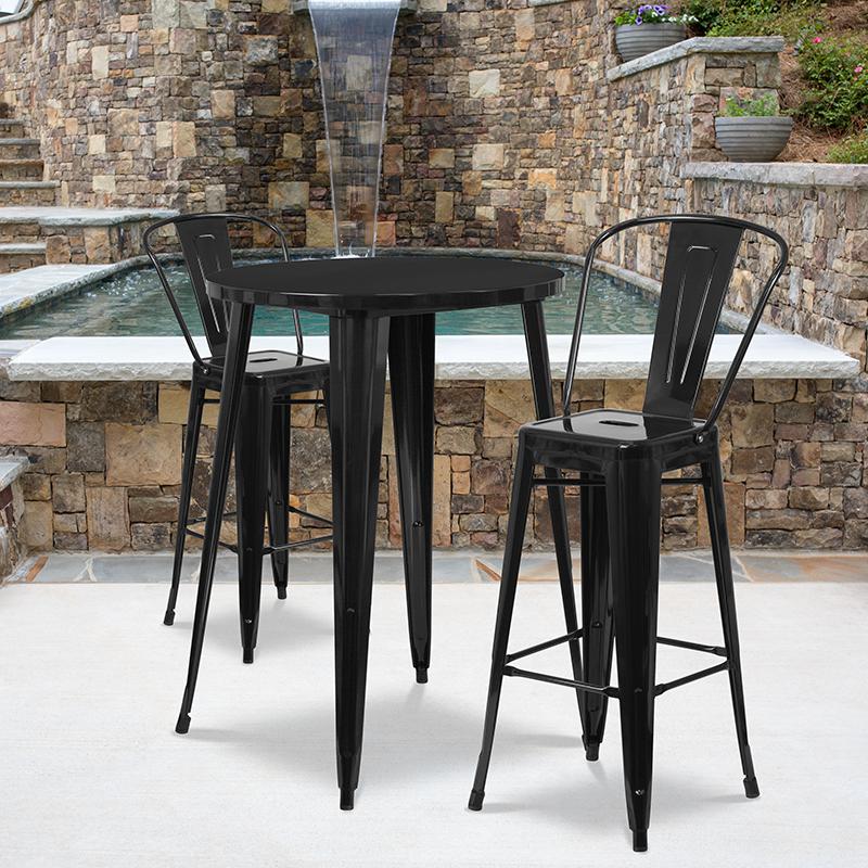30'' Round Black Metal Indoor-Outdoor Bar Table Set with 2 Cafe Stools - Flash Furniture