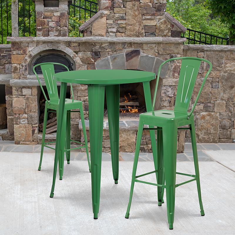 30'' Round Green Metal Indoor-Outdoor Bar Table Set with 2 Cafe Stools - Flash Furniture