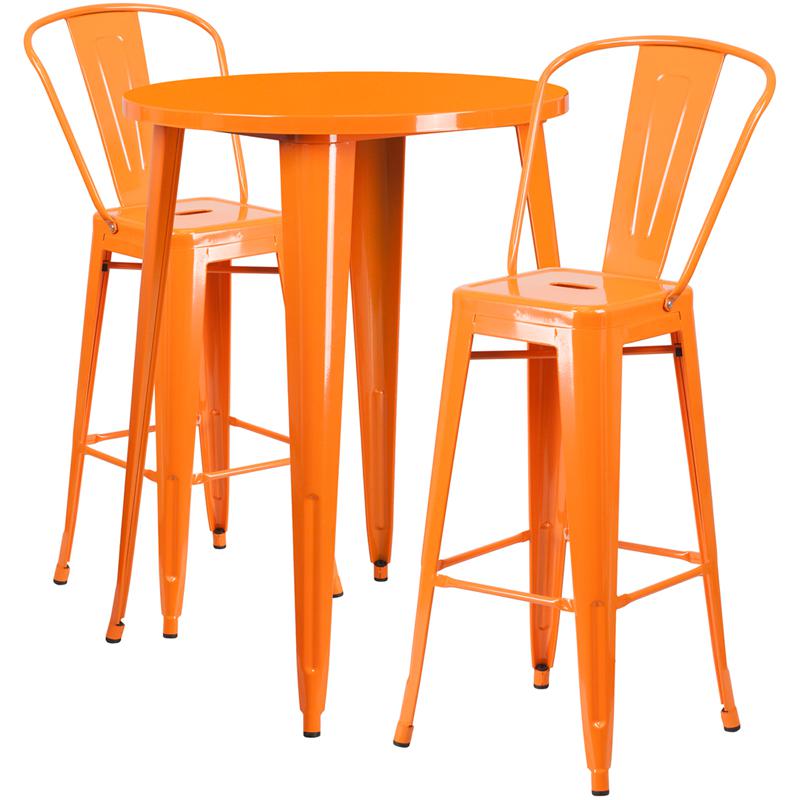 30'' Round Orange Metal Indoor-Outdoor Bar Table Set with 2 Cafe Stools - Flash Furniture