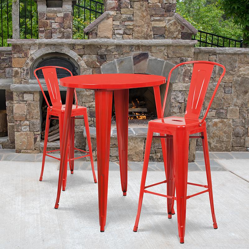 30'' Round Red Metal Indoor-Outdoor Bar Table Set with 2 Cafe Stools - Flash Furniture