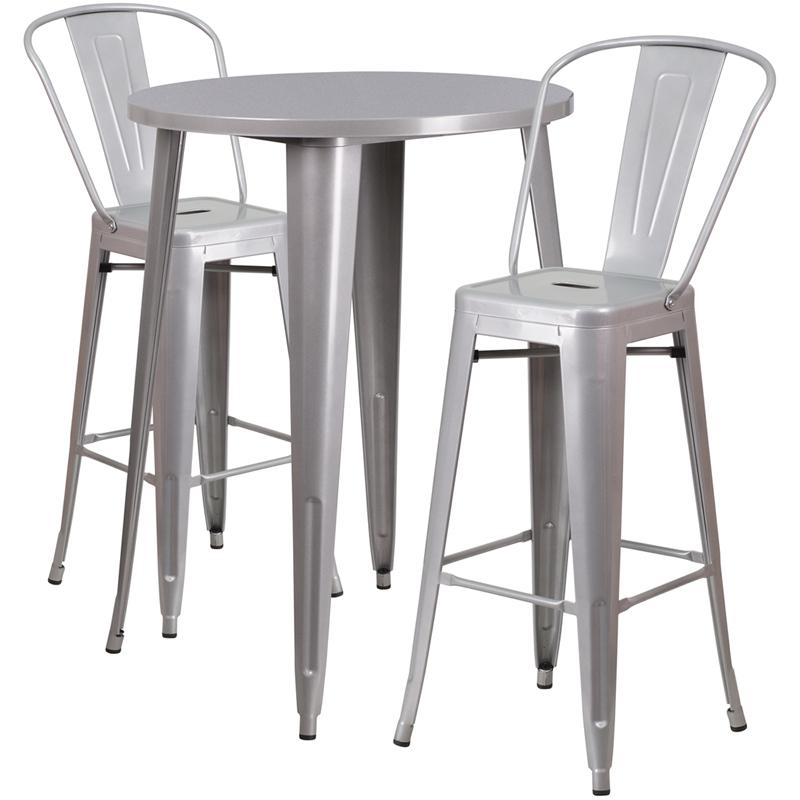 30'' Round Silver Metal Indoor-Outdoor Bar Table Set with 2 Cafe Stools - Flash Furniture