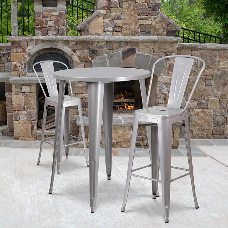 30'' Round Silver Metal Indoor-Outdoor Bar Table Set with 2 Cafe Stools - Flash Furniture