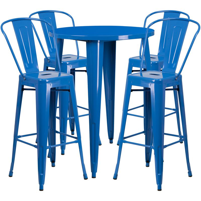 30'' Round Blue Metal Indoor-Outdoor Bar Table Set with 4 Cafe Stools - Flash Furniture