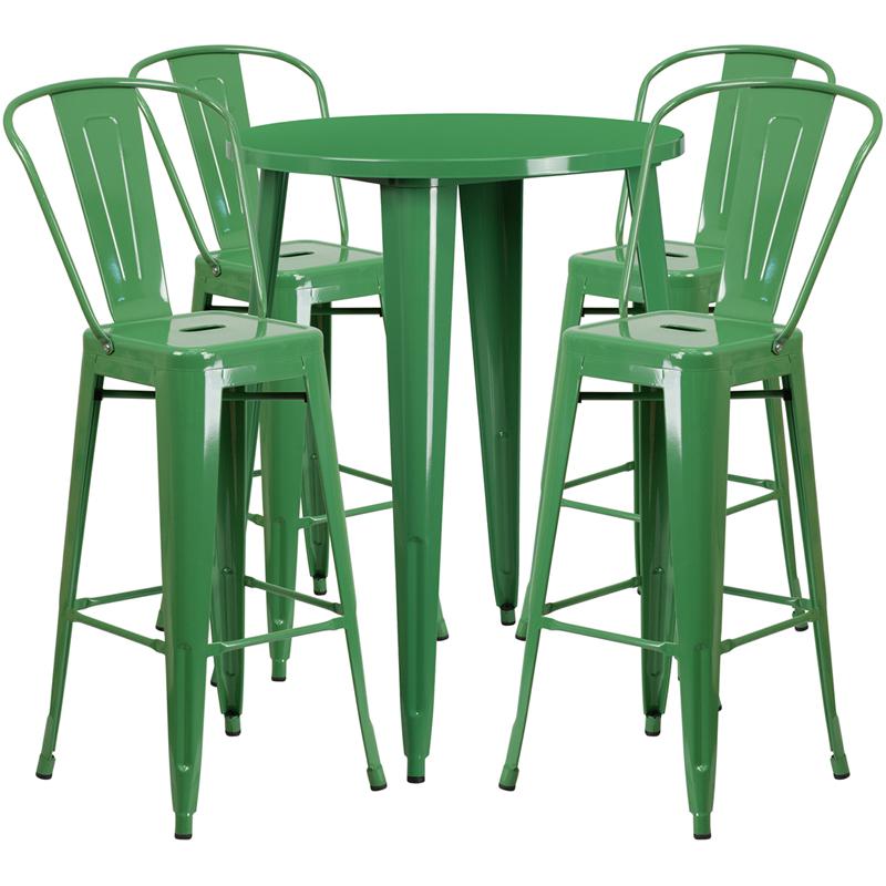 30'' Round Green Metal Indoor-Outdoor Bar Table Set with 4 Cafe Stools - Flash Furniture