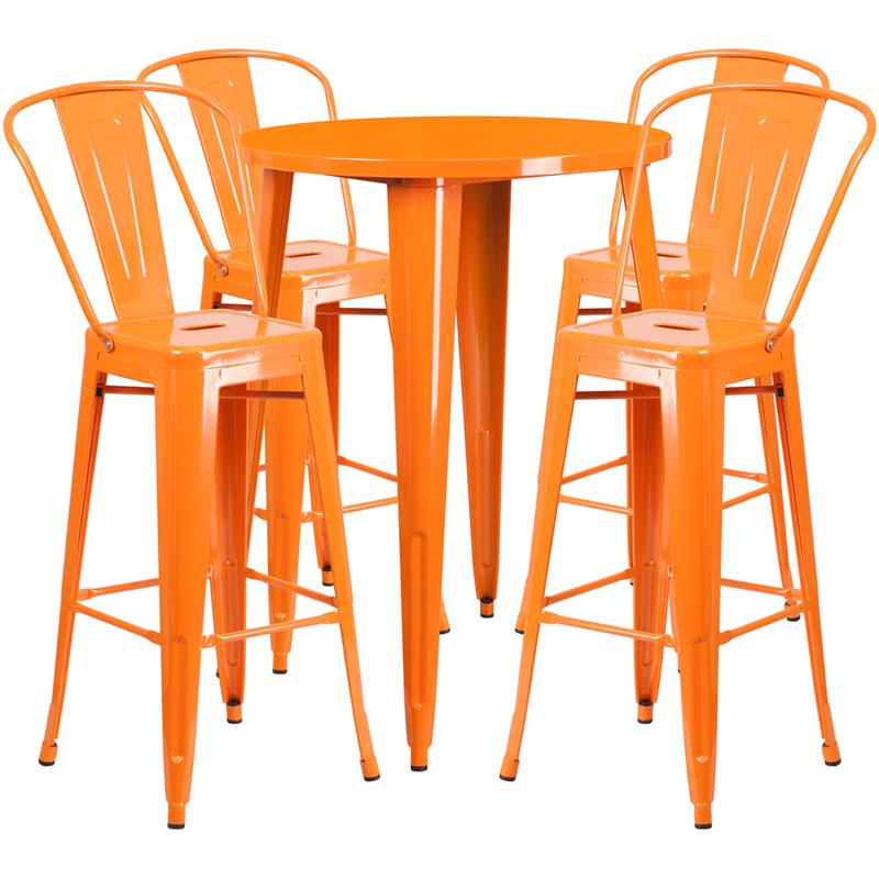 30'' Round Orange Metal Indoor-Outdoor Bar Table Set with 4 Cafe Stools - Flash Furniture