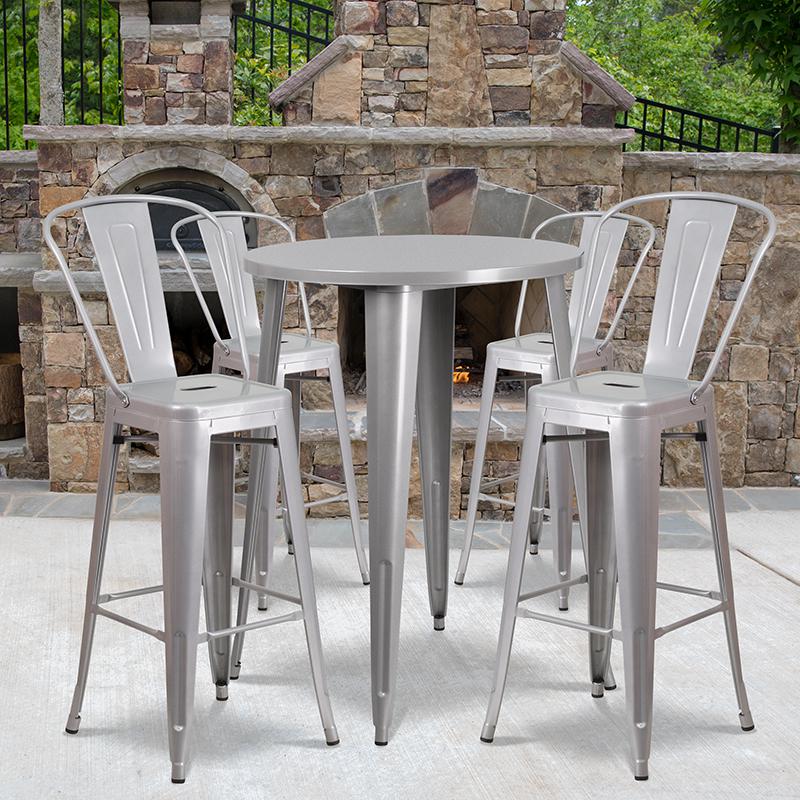 30'' Round Silver Metal Indoor-Outdoor Bar Table Set with 4 Cafe Stools - Flash Furniture