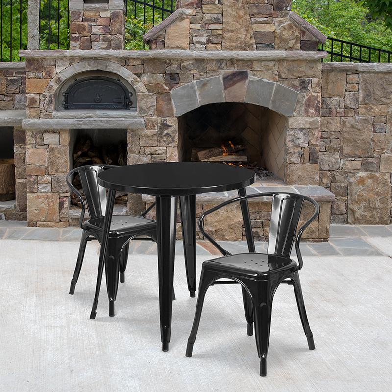 30'' Round Black Metal Indoor-Outdoor Table Set with 2 Arm Chairs - Flash Furniture