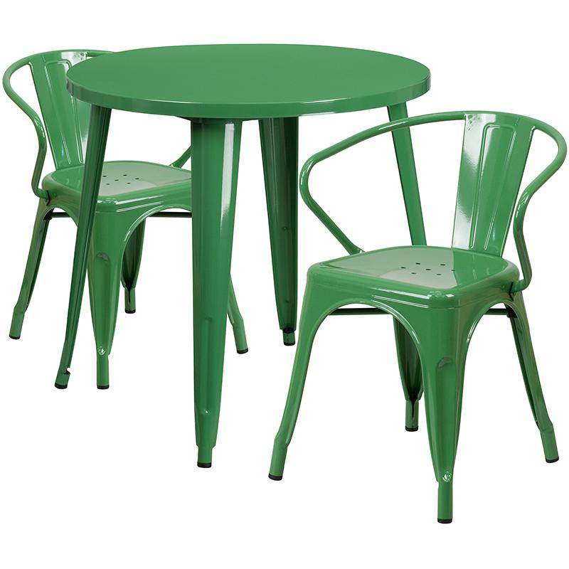 30'' Round Green Metal Indoor-Outdoor Table Set with 2 Arm Chairs - Flash Furniture