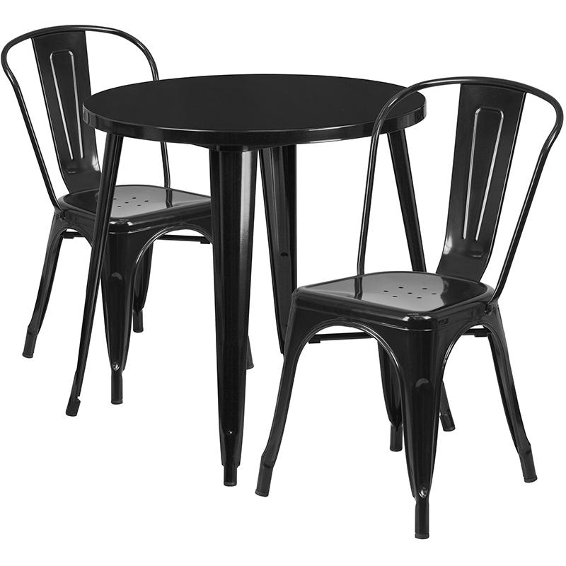 30'' Round Black Metal Indoor-Outdoor Table Set with 2 Cafe Chairs - Flash Furniture