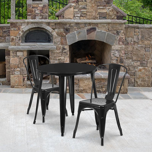30'' Round Black Metal Indoor-Outdoor Table Set with 2 Cafe Chairs - Flash Furniture