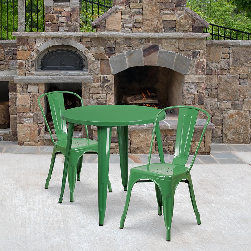 30'' Round Green Metal Indoor-Outdoor Table Set with 2 Cafe Chairs - Flash Furniture