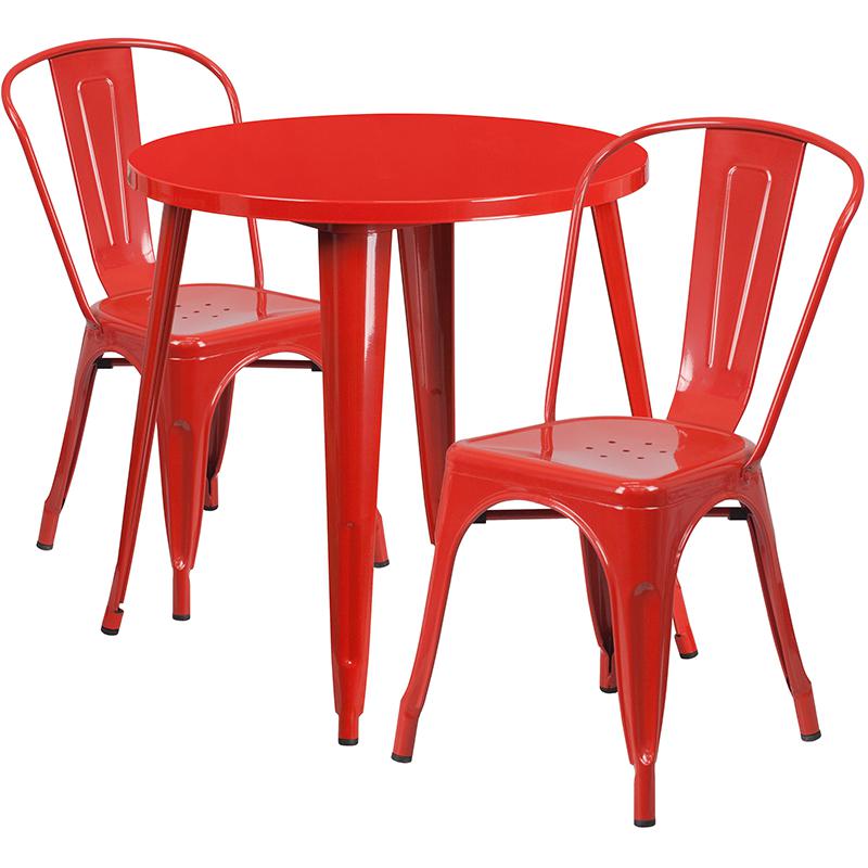 30'' Round Red Metal Indoor-Outdoor Table Set with 2 Cafe Chairs - Flash Furniture