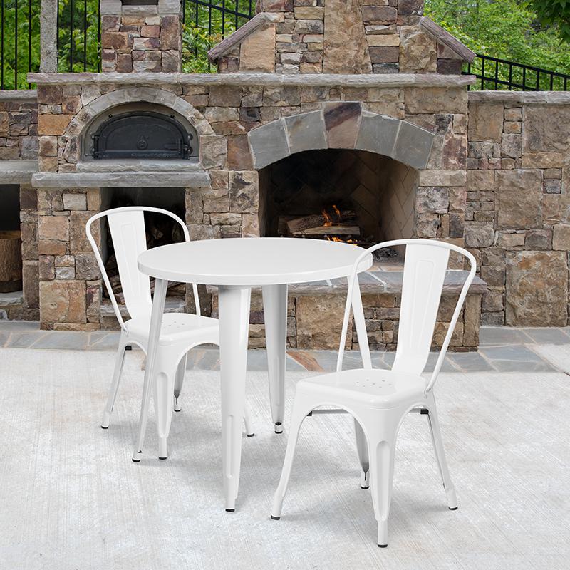 30'' Round White Metal Indoor-Outdoor Table Set with 2 Cafe Chairs - Flash Furniture