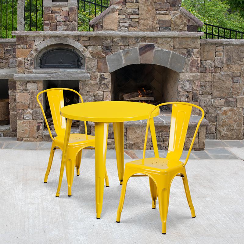30'' Round Yellow Metal Indoor-Outdoor Table Set with 2 Cafe Chairs - Flash Furniture