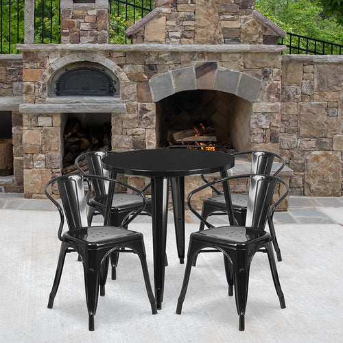30'' Round Black Metal Indoor-Outdoor Table Set with 4 Arm Chairs - Flash Furniture