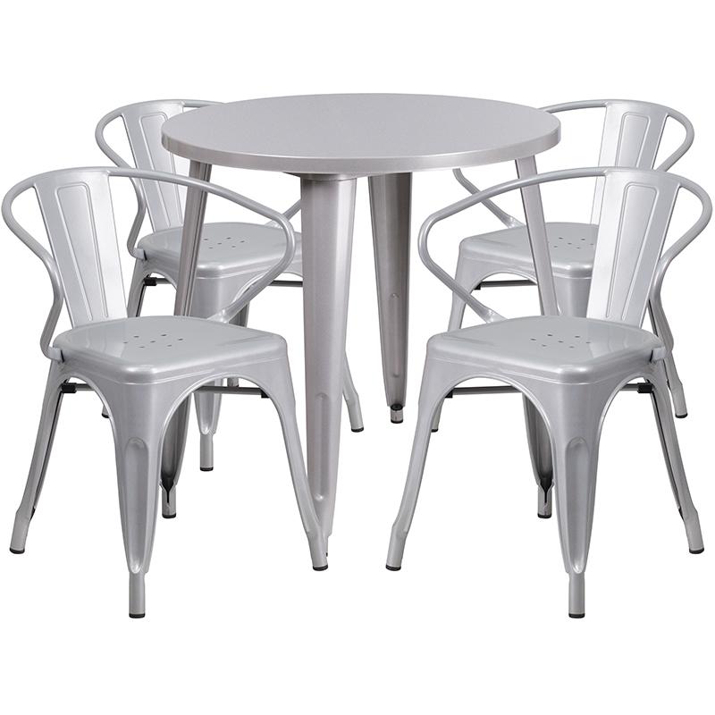 30'' Round Silver Metal Indoor-Outdoor Table Set with 4 Arm Chairs - Flash Furniture