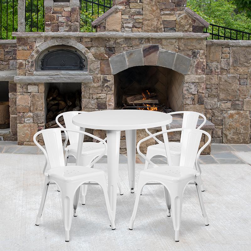 30'' Round White Metal Indoor-Outdoor Table Set with 4 Arm Chairs - Flash Furniture