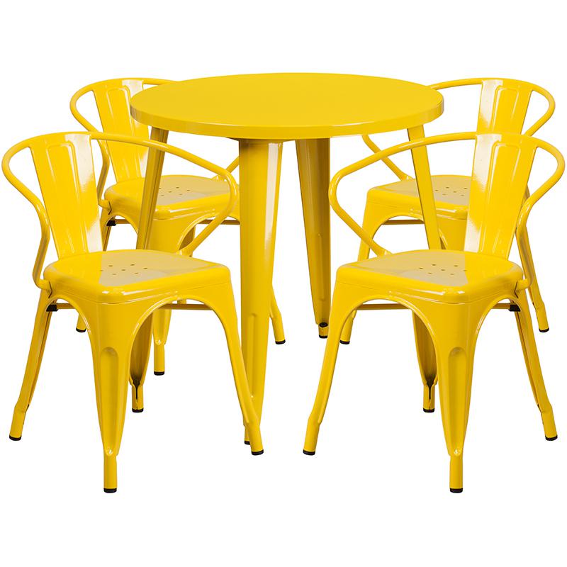 30'' Round Yellow Metal Indoor-Outdoor Table Set with 4 Arm Chairs - Flash Furniture