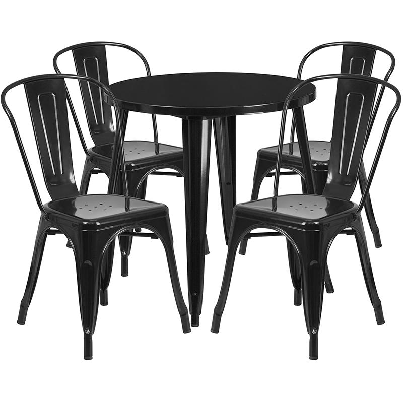 30'' Round Black Metal Indoor-Outdoor Table Set with 4 Cafe Chairs - Flash Furniture