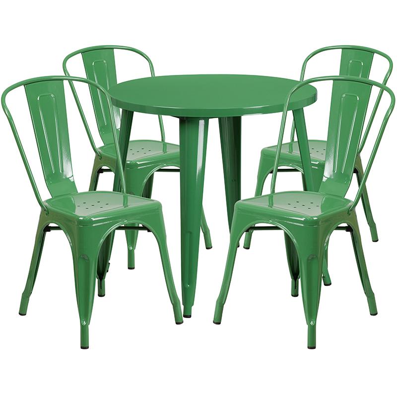 30'' Round Green Metal Indoor-Outdoor Table Set with 4 Cafe Chairs - Flash Furniture