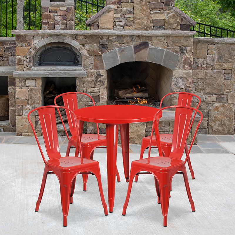 30'' Round Red Metal Indoor-Outdoor Table Set with 4 Cafe Chairs - Flash Furniture