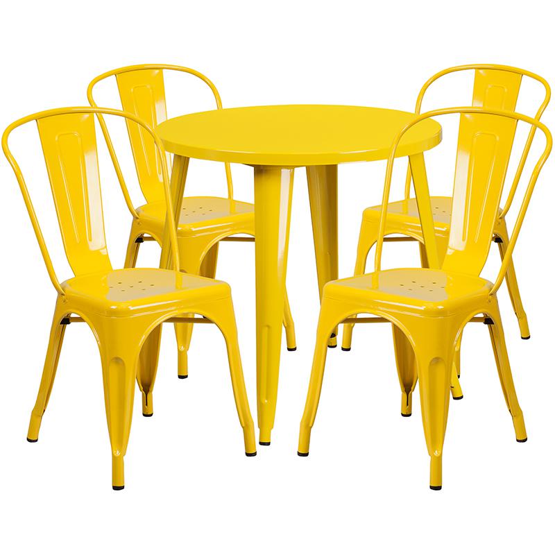 30'' Round Yellow Metal Indoor-Outdoor Table Set with 4 Cafe Chairs - Flash Furniture