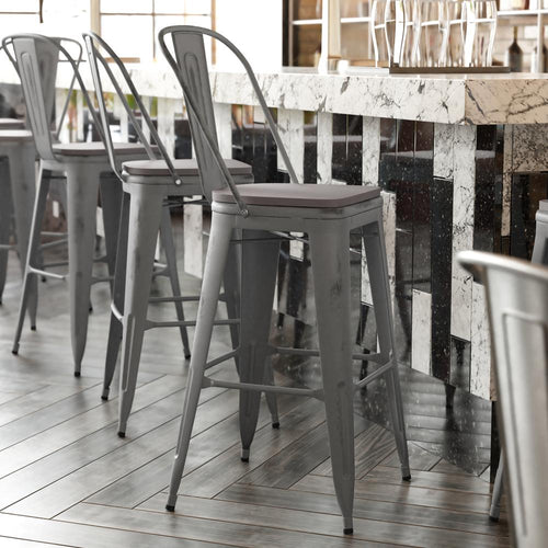30'' High Silver Gray Metal Indoor-Barstool with Gray Poly Resin Wood Seat - Flash Furniture
