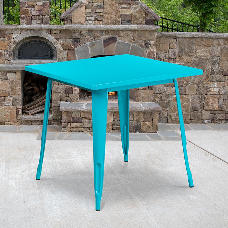 Commercial Grade 31.5'' Square Crystal Teal-Blue Metal Indoor-Outdoor Table - Flash Furniture