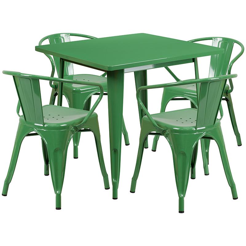 31.5'' Square Green Metal Indoor-Outdoor Table Set with 4 Arm Chairs - Flash Furniture